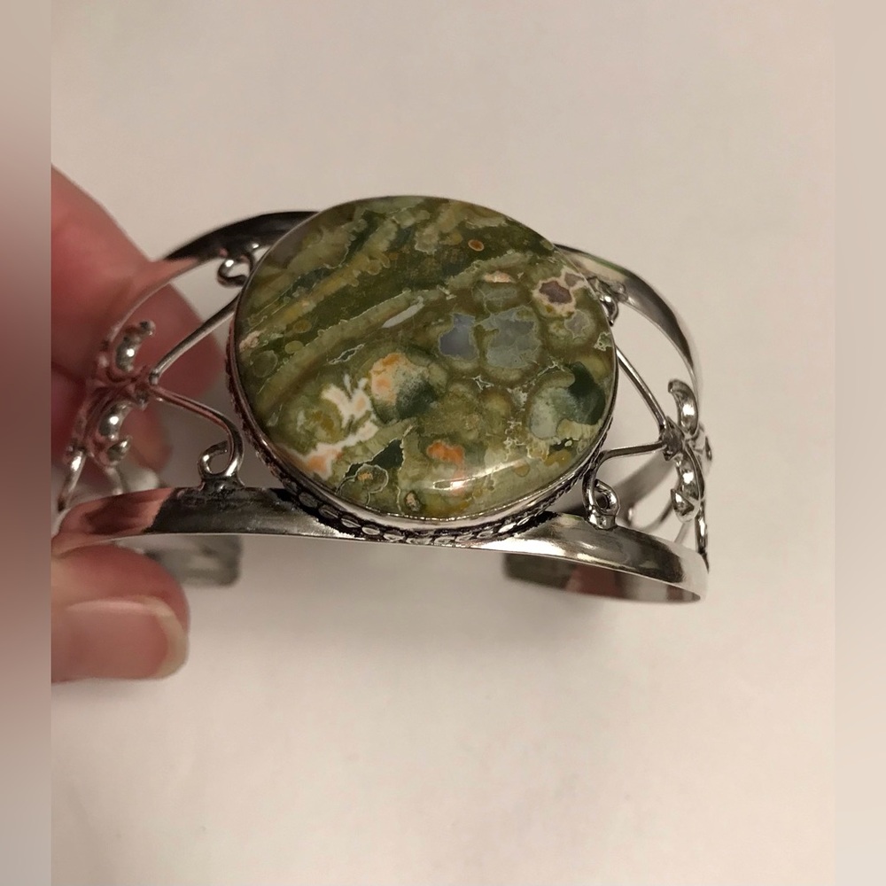 Rainforest  Jasper Stamped 925 Sterling Silver Cuff Bracelet